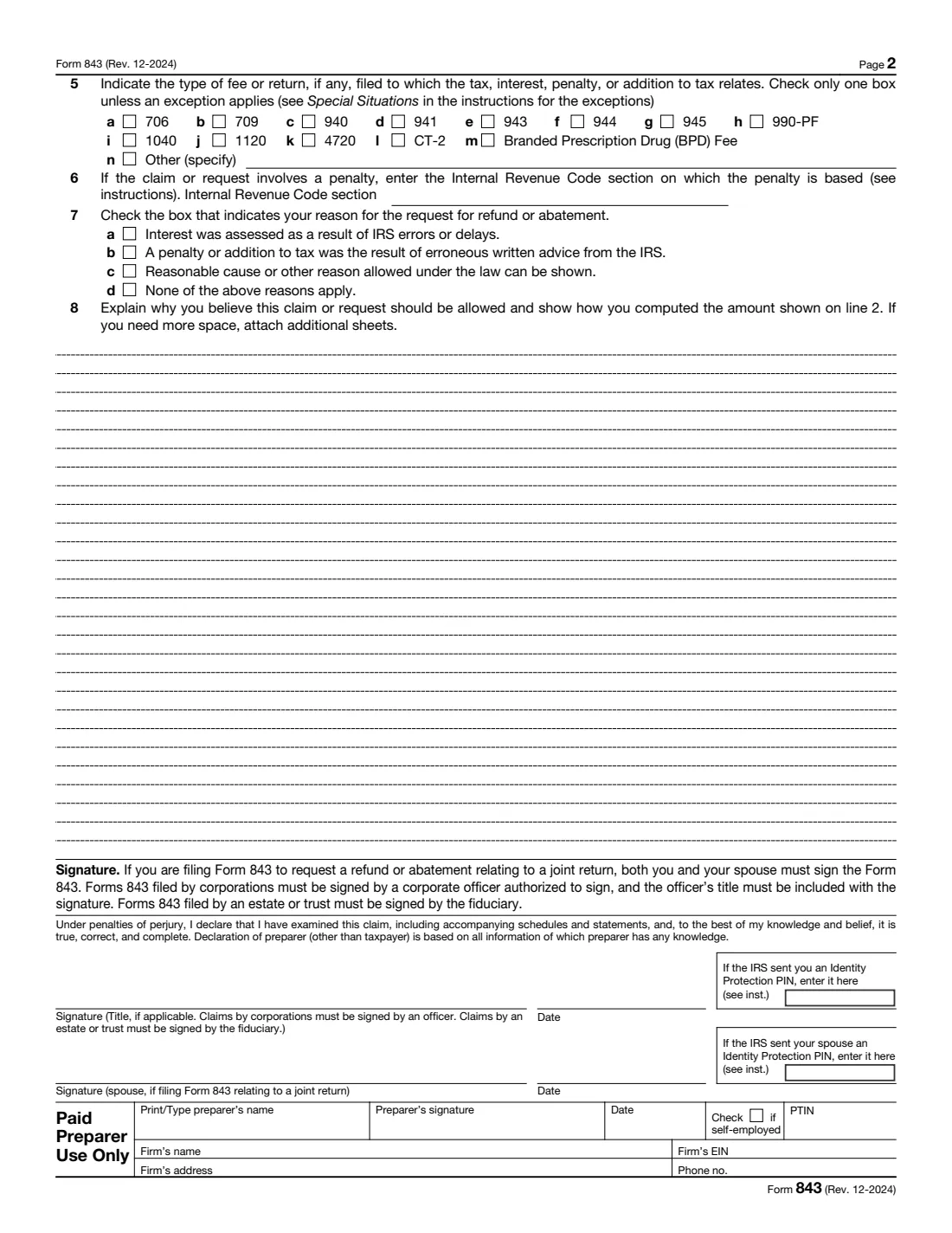 Form 843 (2024) Claim for Refund and Request for Abatement — page 2 of 2