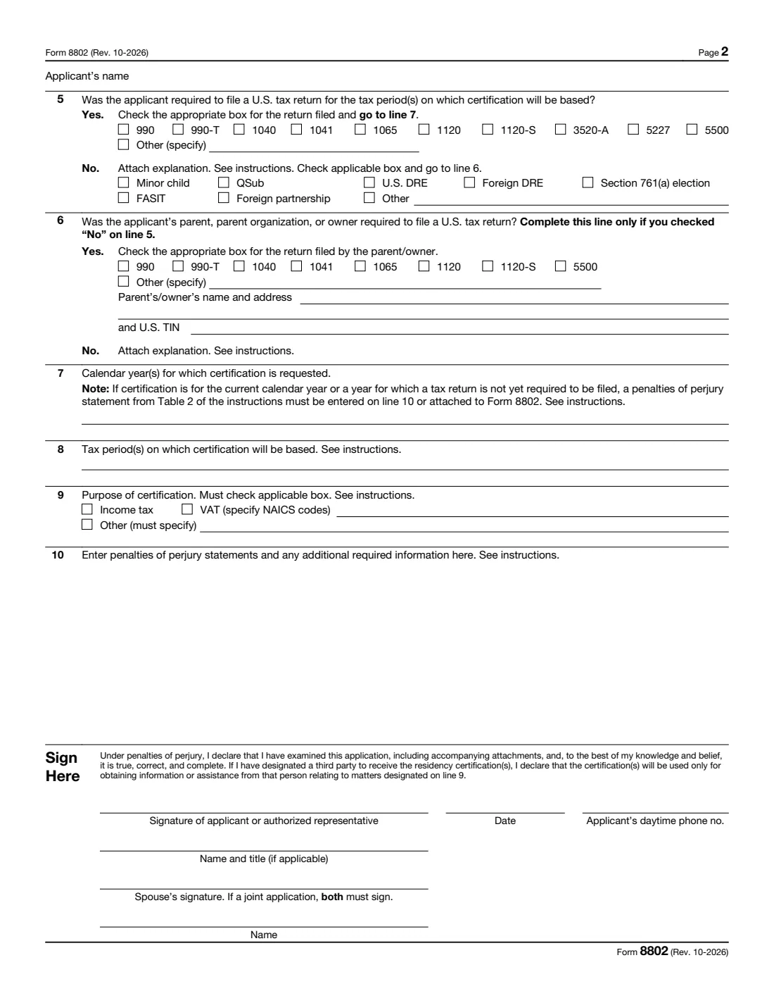 Form 8802 (2026) Application for United States Residency Certification — page 2 of 3