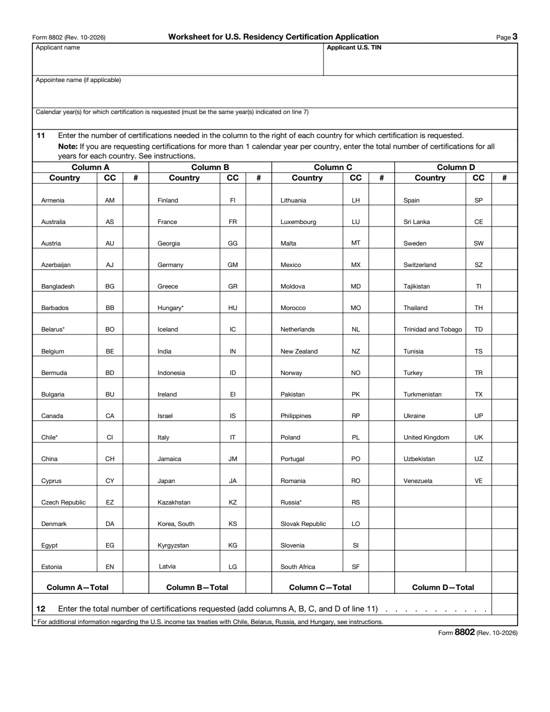 Form 8802 (2026) Application for United States Residency Certification — page 3 of 3