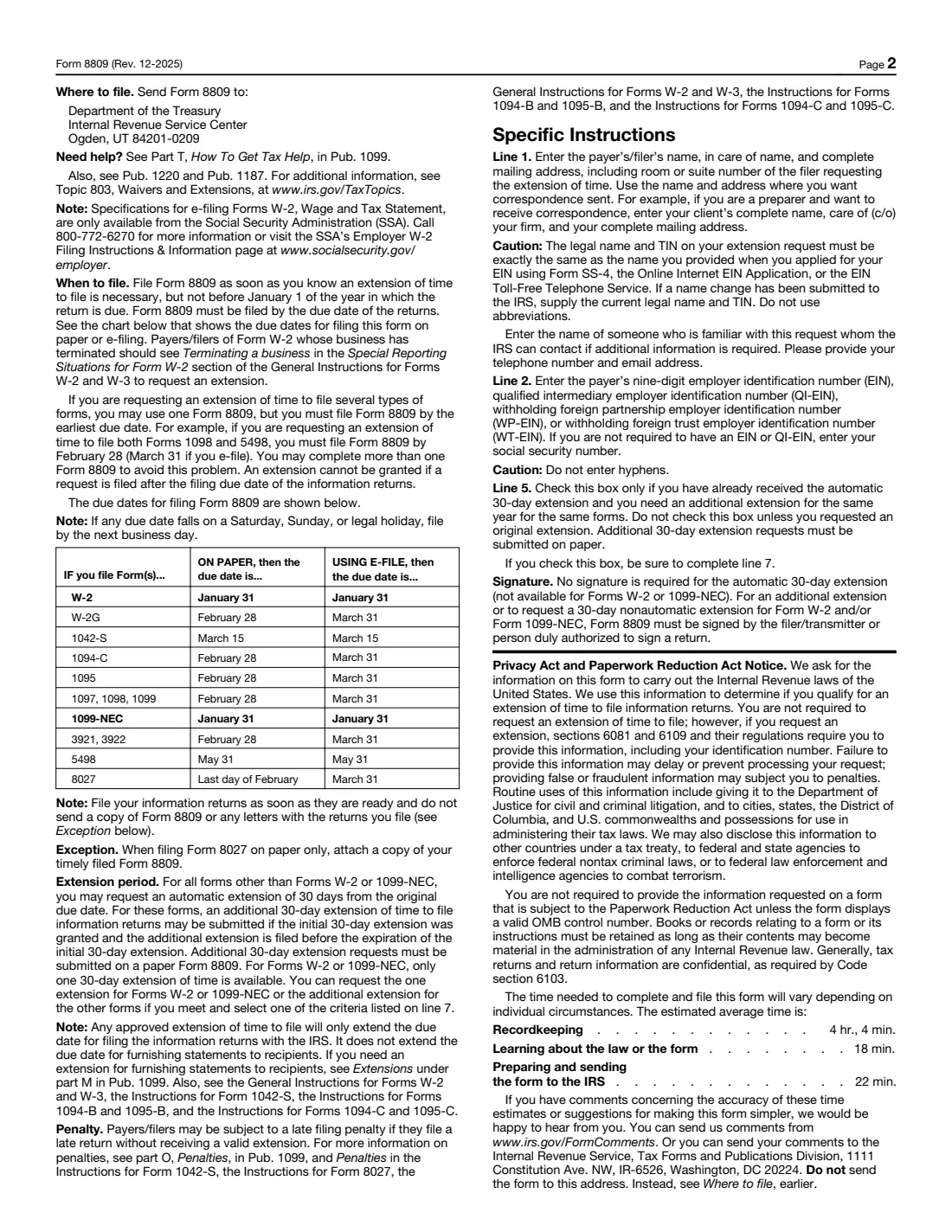 Form 8809 (2025) Application for Extension of Time To File Information Returns — page 2 of 2