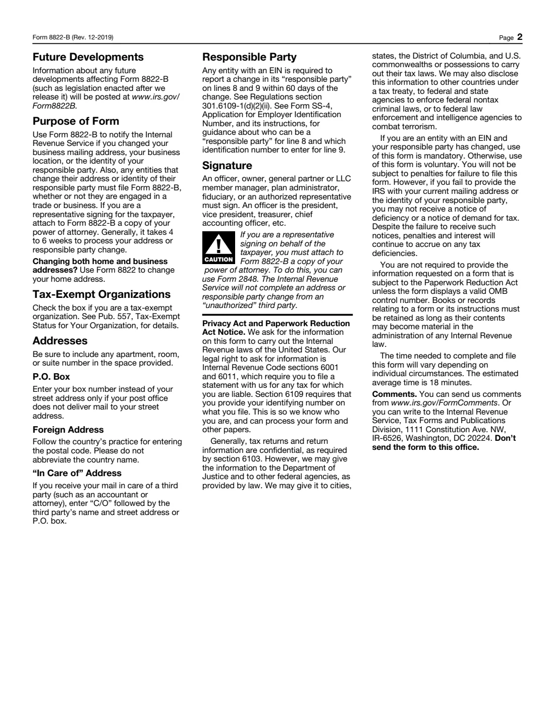 Form 8822-B (2019) Change of Address or Responsible Party — Business — page 2 of 2