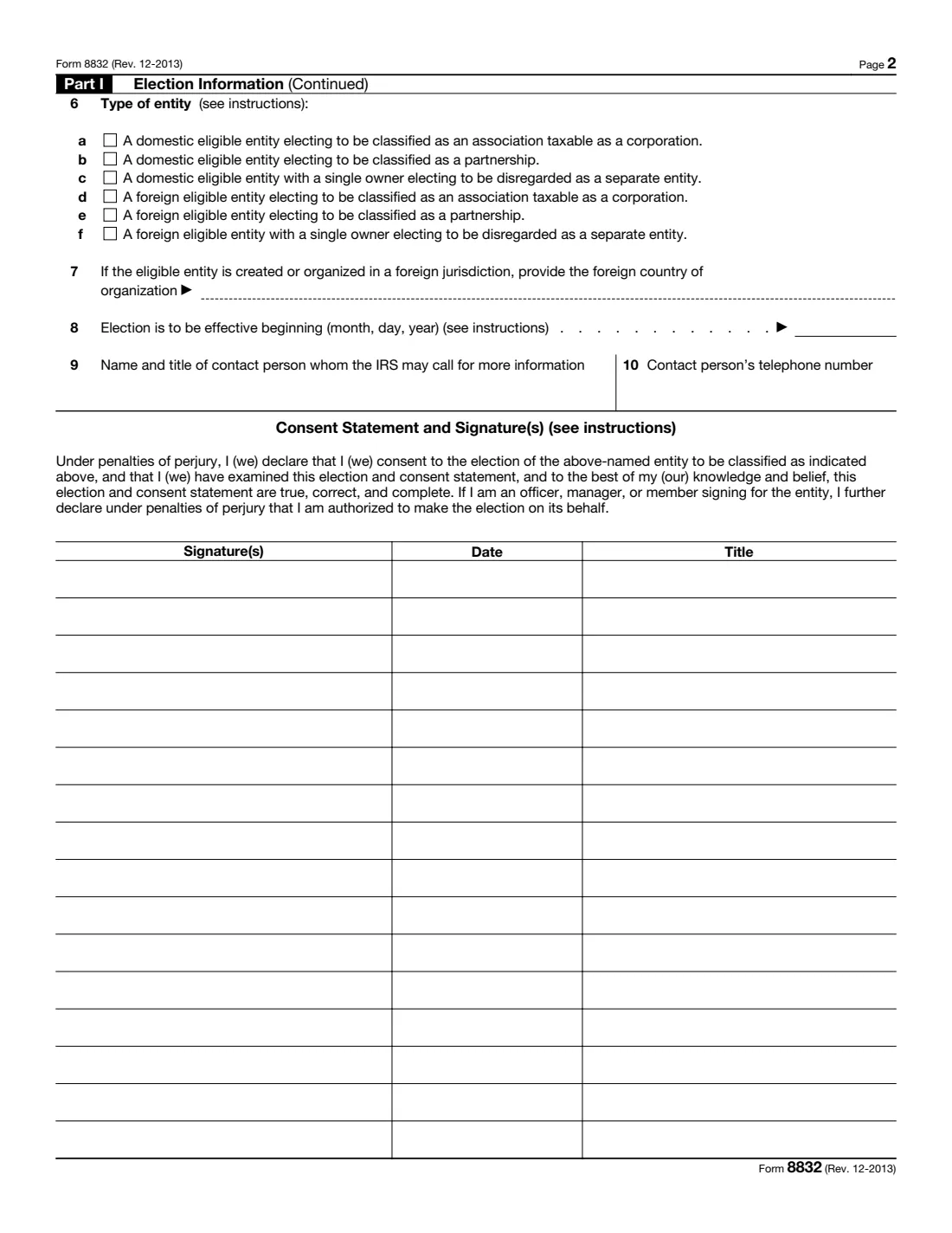 Form 8832 (2013) Entity Classification Election — page 2 of 3