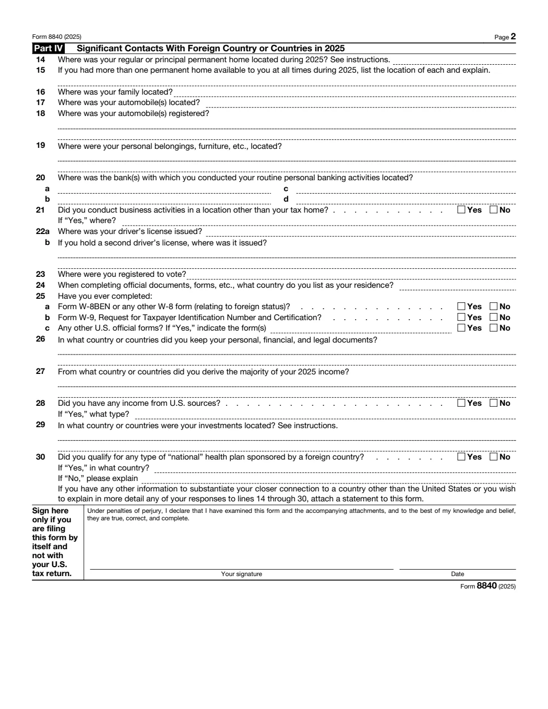 Form 8840 (2025) Closer Connection Exception Statement for Aliens — page 2 of 4