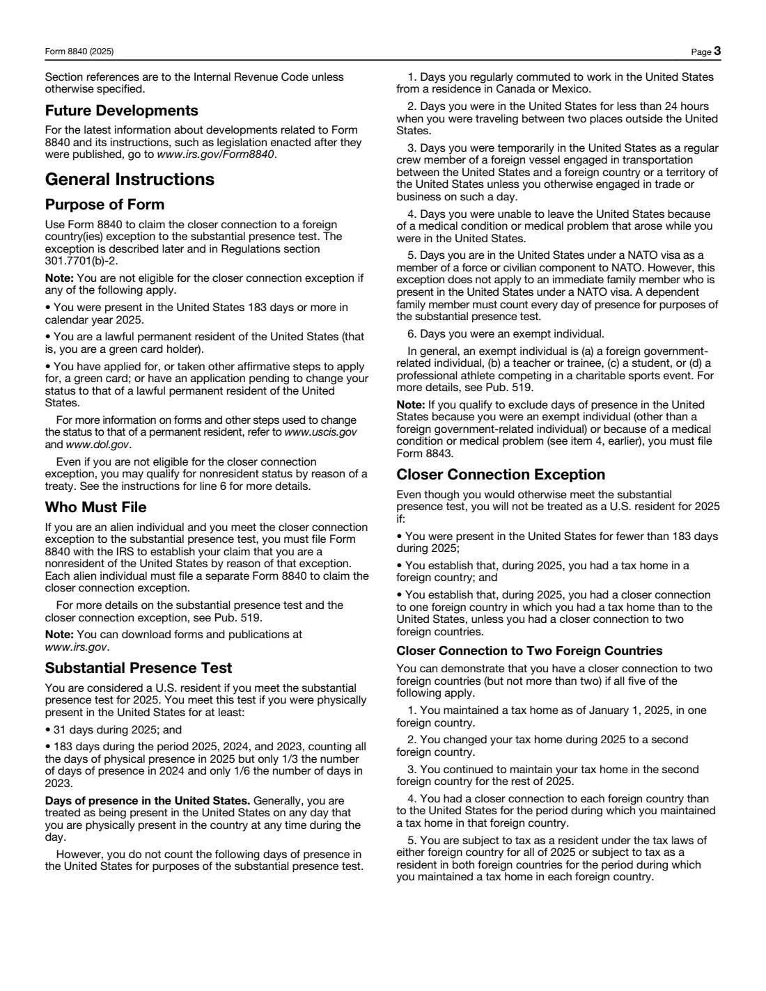 Form 8840 (2025) Closer Connection Exception Statement for Aliens — page 3 of 4