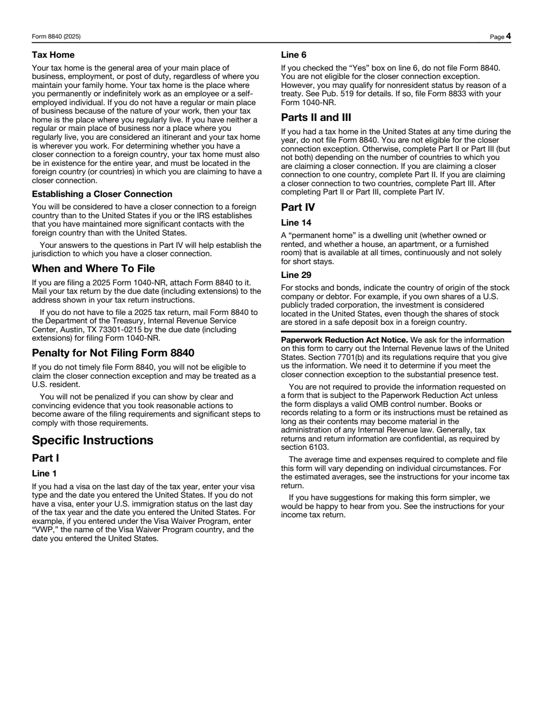 Form 8840 (2025) Closer Connection Exception Statement for Aliens — page 4 of 4