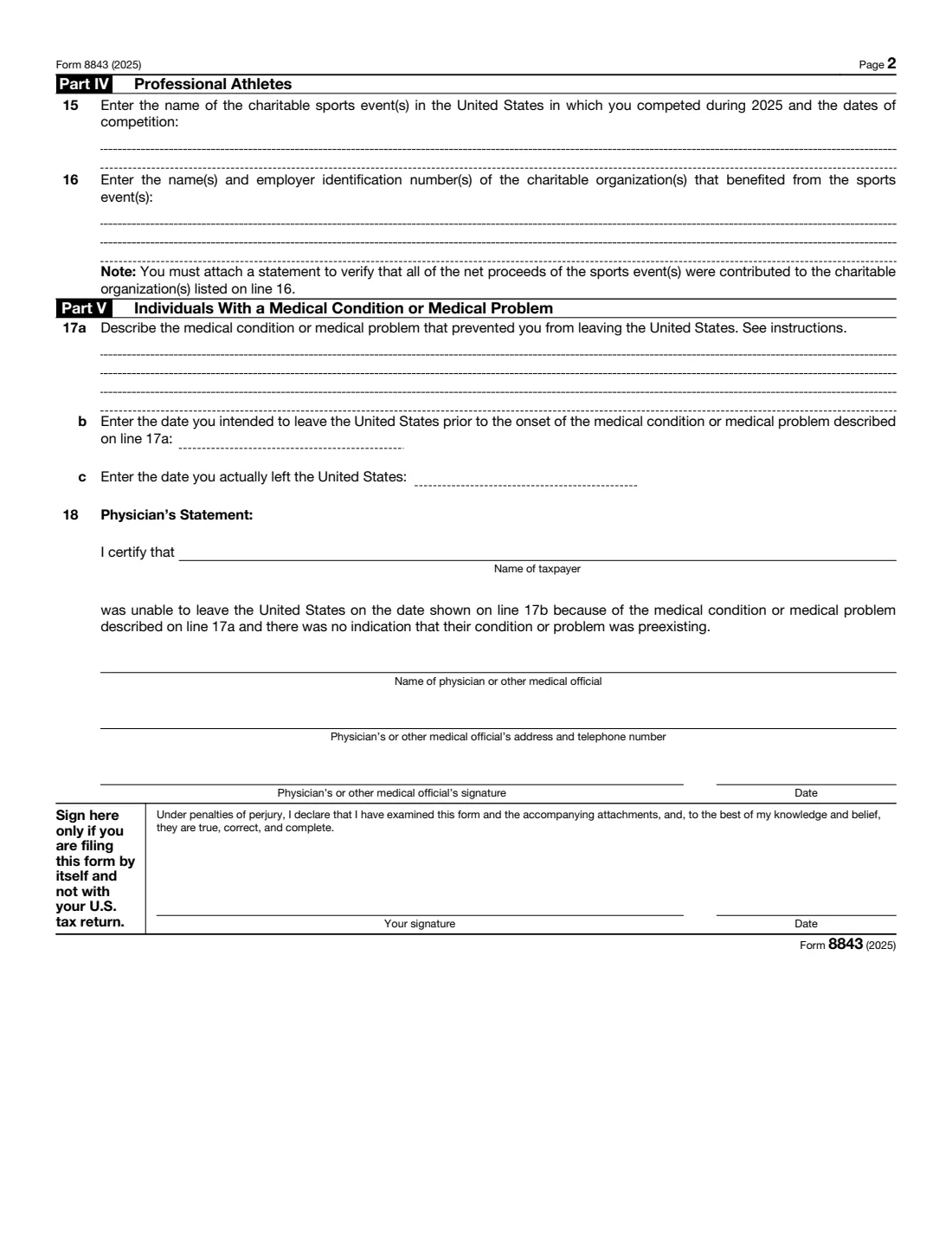 Form 8843 (2025) Statement for Exempt Individuals and Individuals With a Medical Condition — page 2 of 4