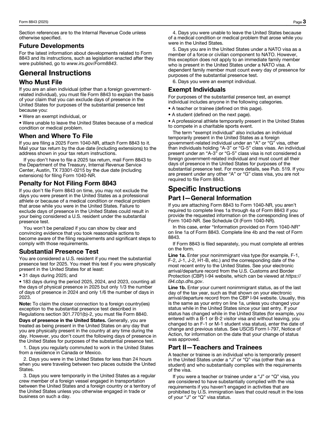 Form 8843 (2025) Statement for Exempt Individuals and Individuals With a Medical Condition — page 3 of 4