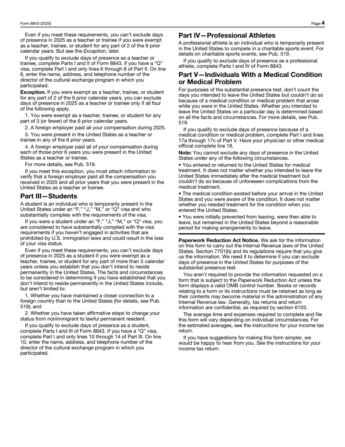 Form 8843 (2025) Statement for Exempt Individuals and Individuals With a Medical Condition — page 4 of 4