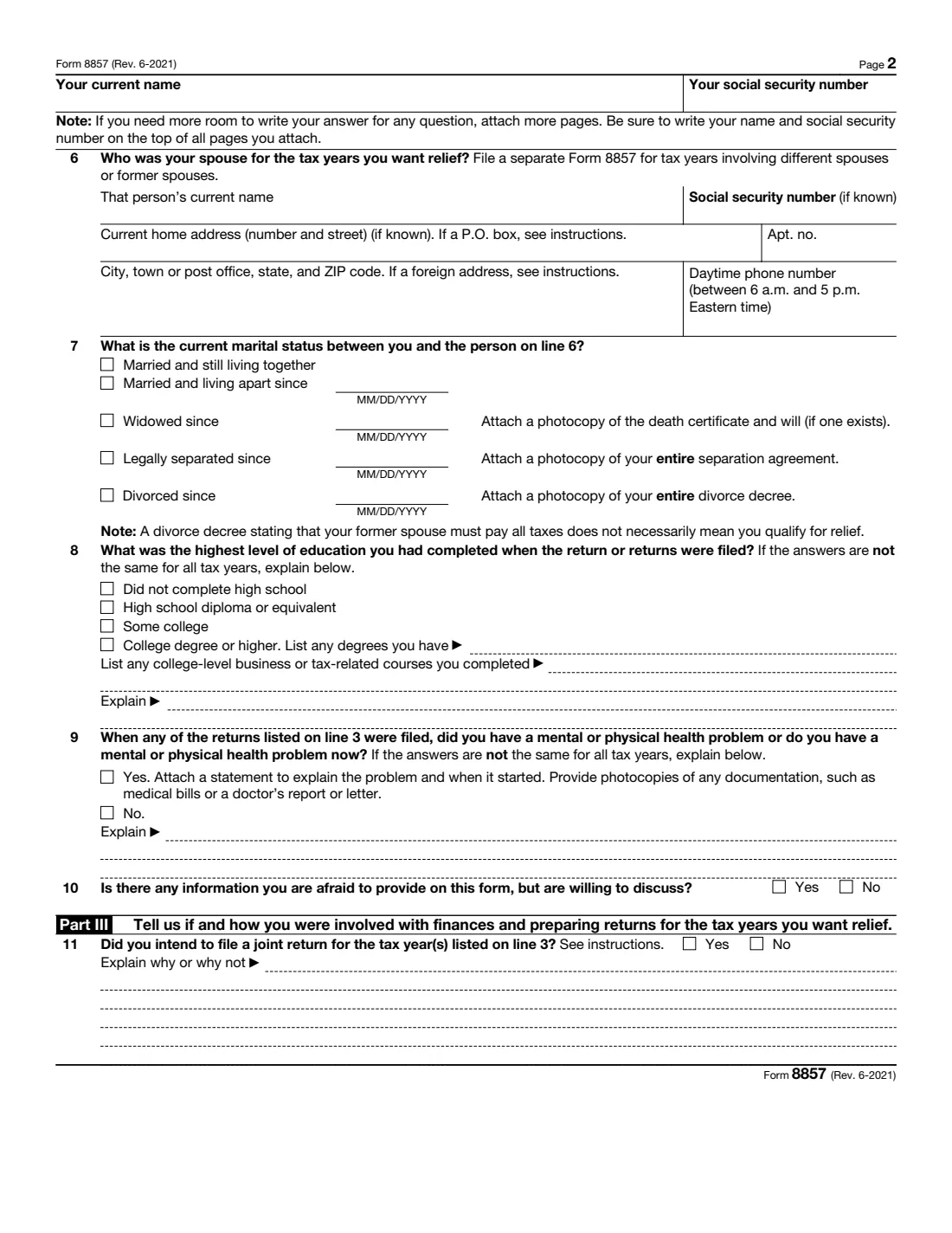 Form 8857 (2021) Request for Innocent Spouse Relief — page 2 of 6