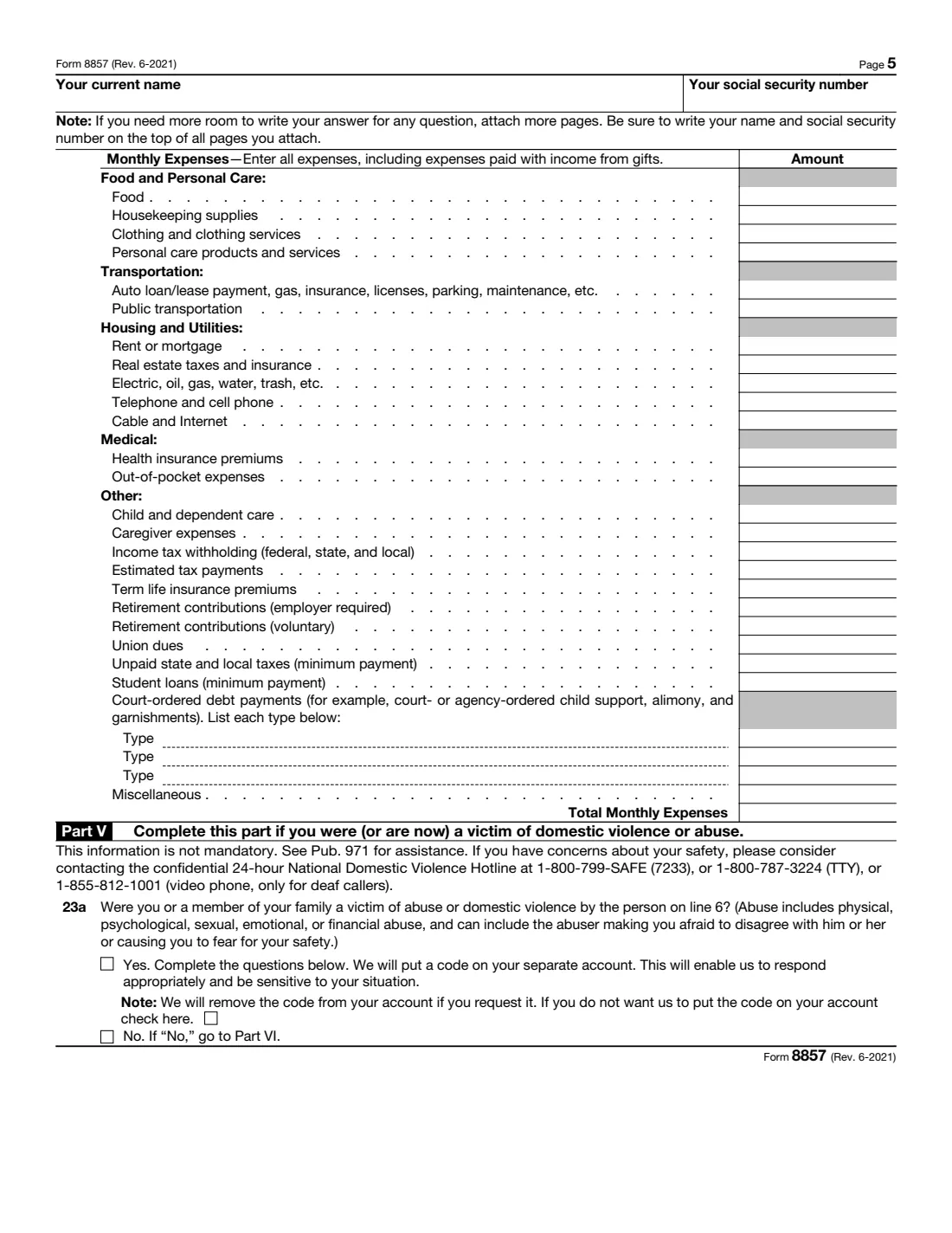 Form 8857 (2021) Request for Innocent Spouse Relief — page 5 of 6