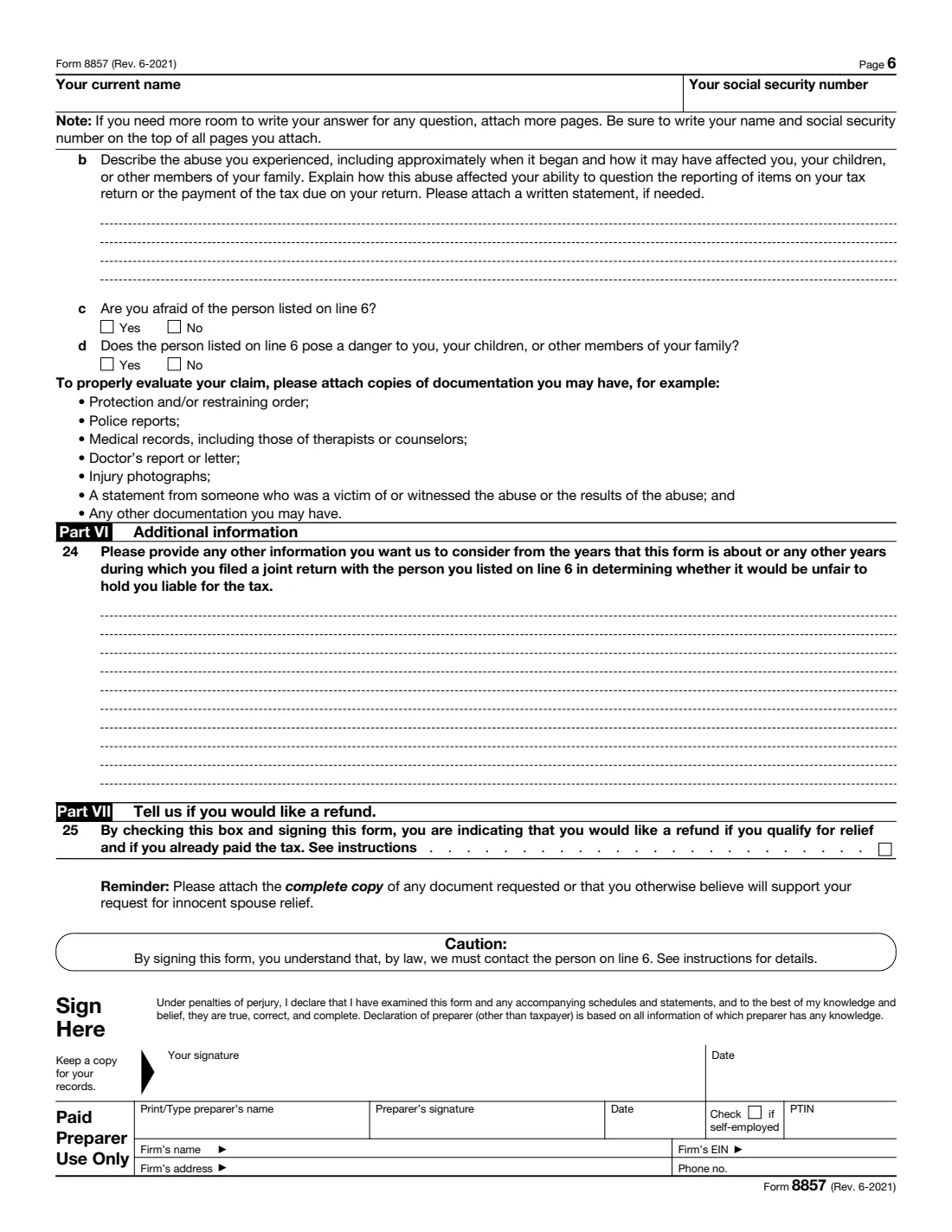Form 8857 (2021) Request for Innocent Spouse Relief — page 6 of 6