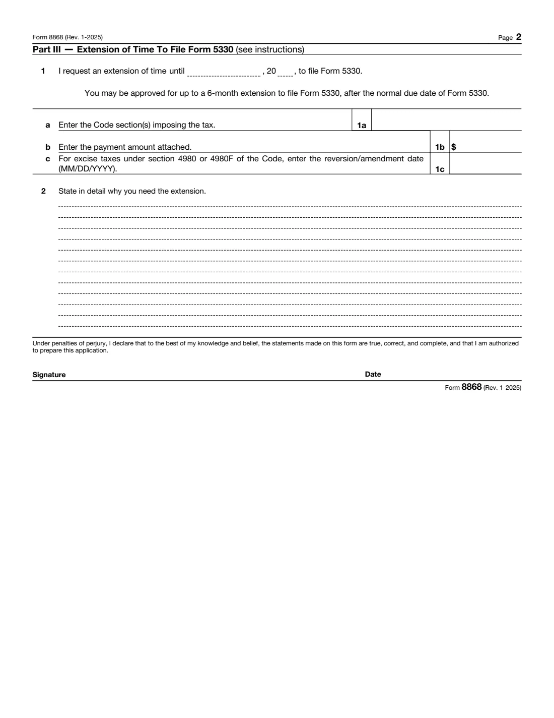 Form 8868 (2025) Application for Extension of Time To File an Exempt Organization Return or Excise Taxes Related to Employee Benefit Plans — page 2 of 2