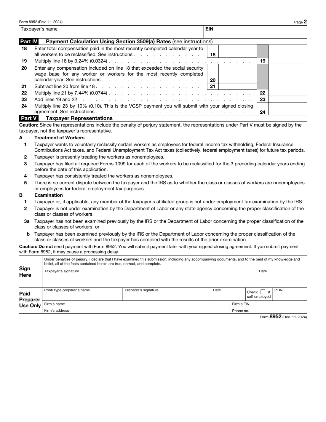 Form 8952 (2024) Application for Voluntary Classification Settlement Program (VCSP) — page 2 of 2