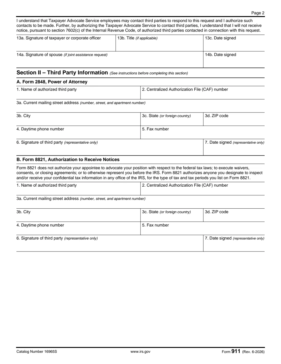Form 911 (2026) Request for Taxpayer Advocate Service Assistance (and Application for Taxpayer Assistance Order) — page 2 of 4