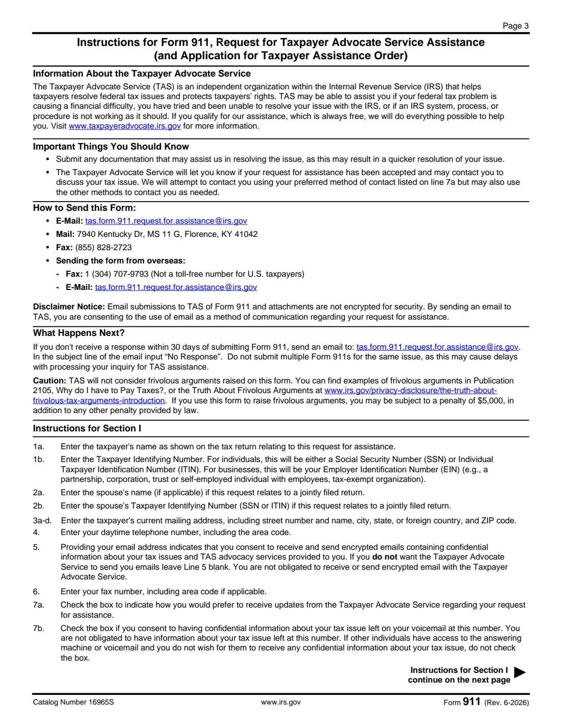 Form 911 (2026) Request for Taxpayer Advocate Service Assistance (and Application for Taxpayer Assistance Order) — page 3 of 4