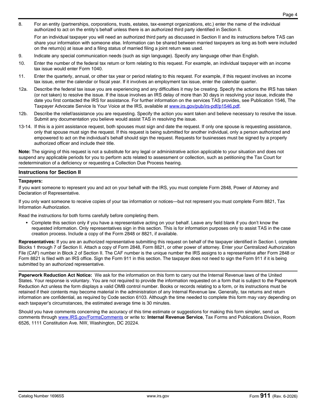 Form 911 (2026) Request for Taxpayer Advocate Service Assistance (and Application for Taxpayer Assistance Order) — page 4 of 4
