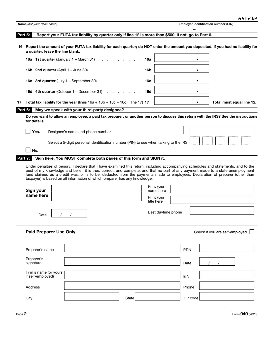Form 940 (2025) Employer's Annual Federal Unemployment (FUTA) Tax Return — page 2 of 3