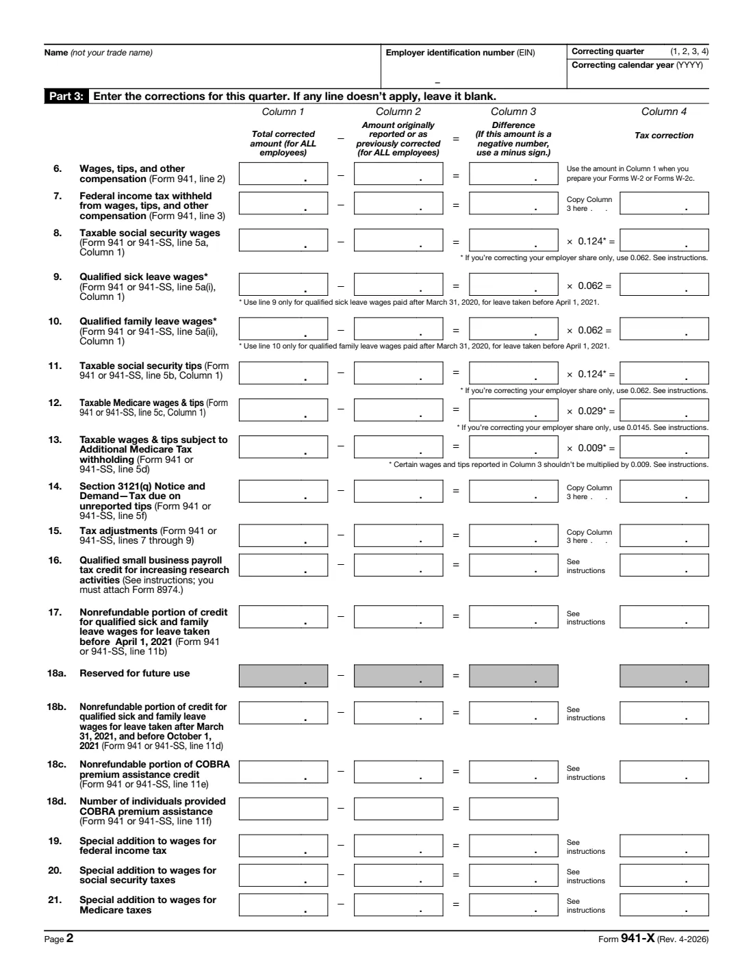 Form 941-X (2026) Adjusted Employer's QUARTERLY Federal Tax Return or Claim for Refund — page 2 of 6