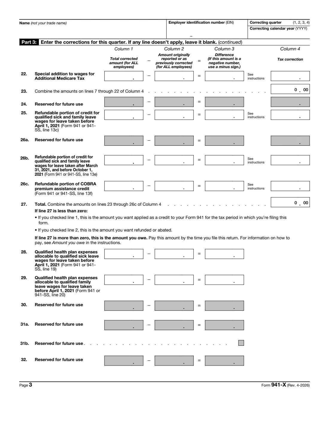 Form 941-X (2026) Adjusted Employer's QUARTERLY Federal Tax Return or Claim for Refund — page 3 of 6