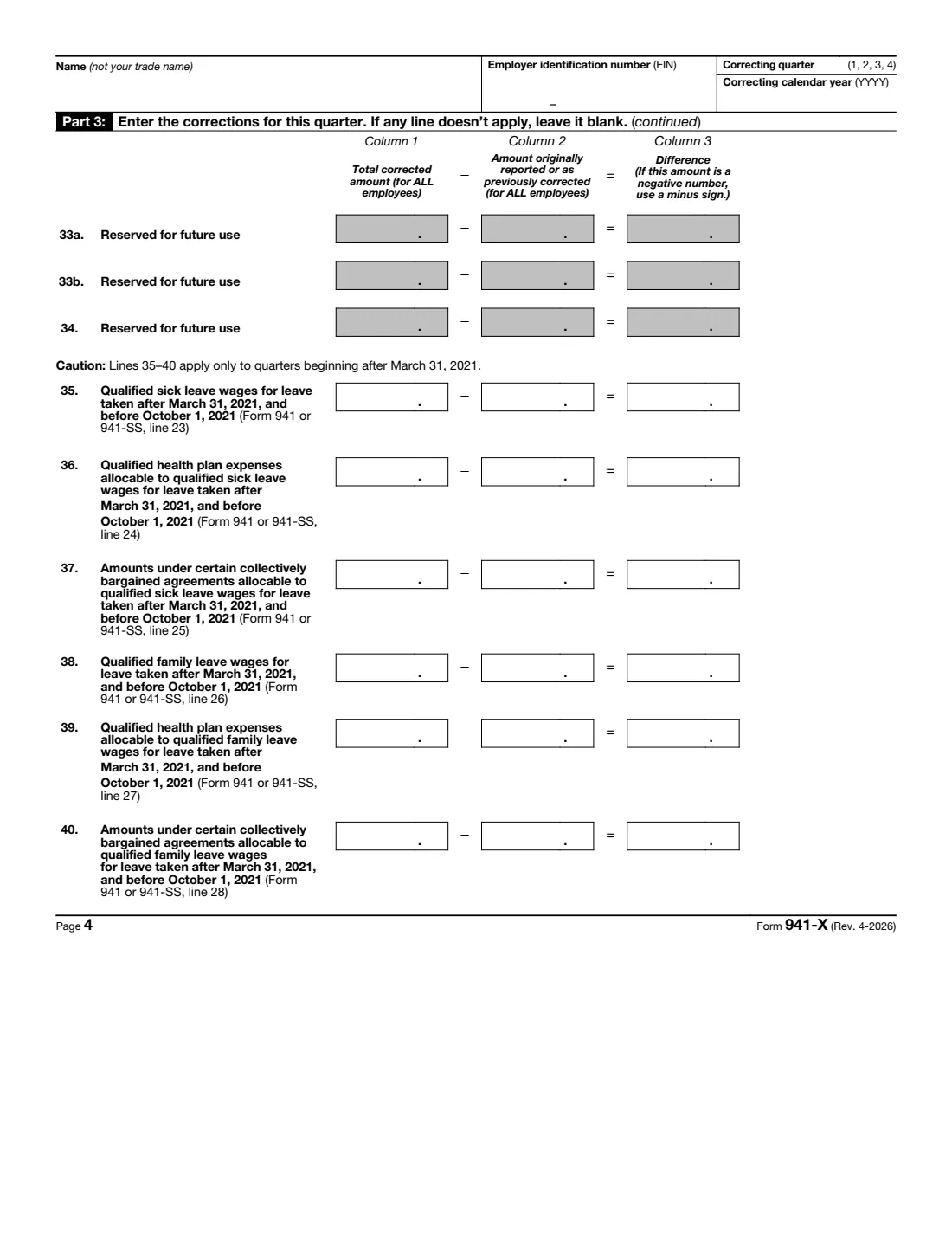 Form 941-X (2026) Adjusted Employer's QUARTERLY Federal Tax Return or Claim for Refund — page 4 of 6
