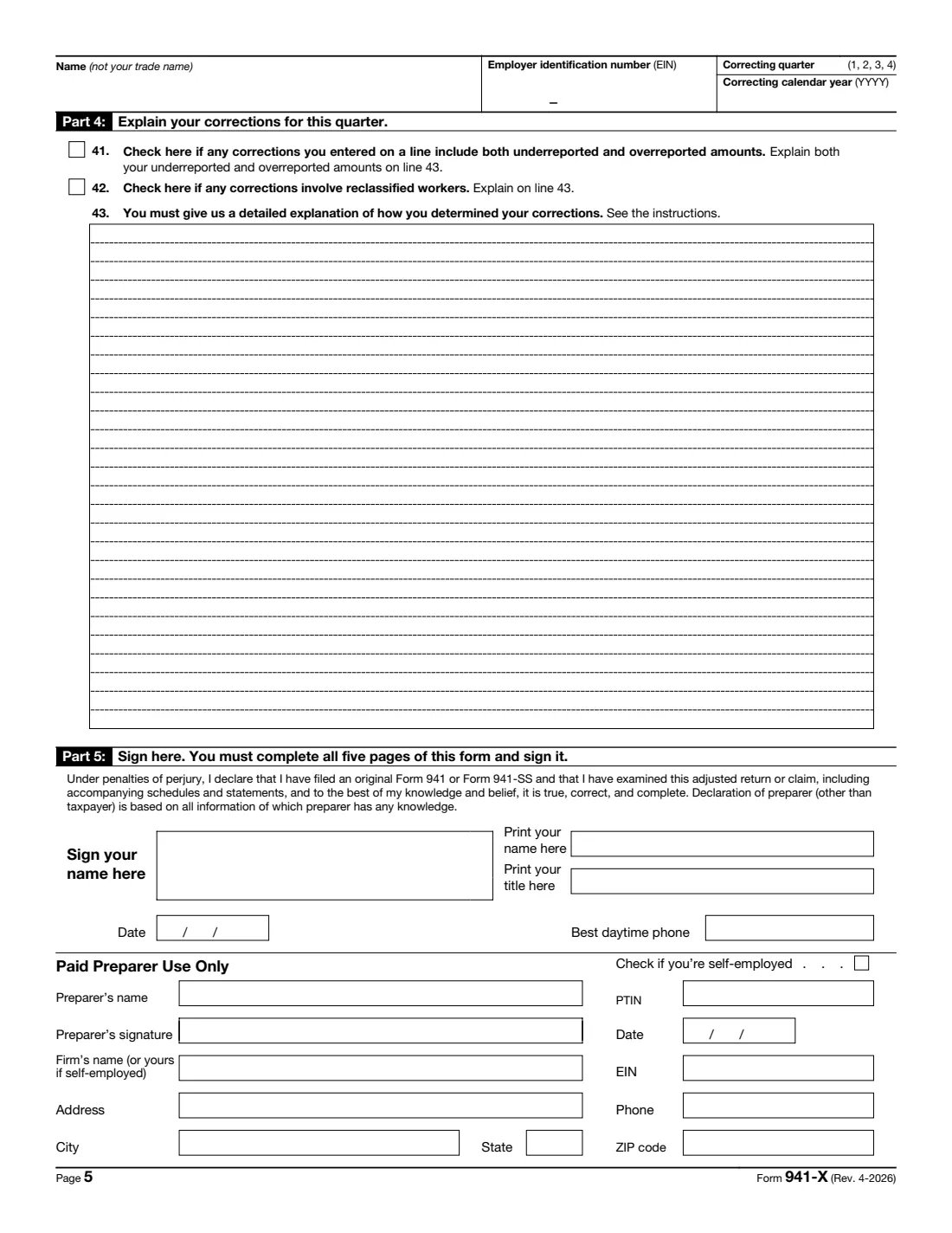 Form 941-X (2026) Adjusted Employer's QUARTERLY Federal Tax Return or Claim for Refund — page 5 of 6