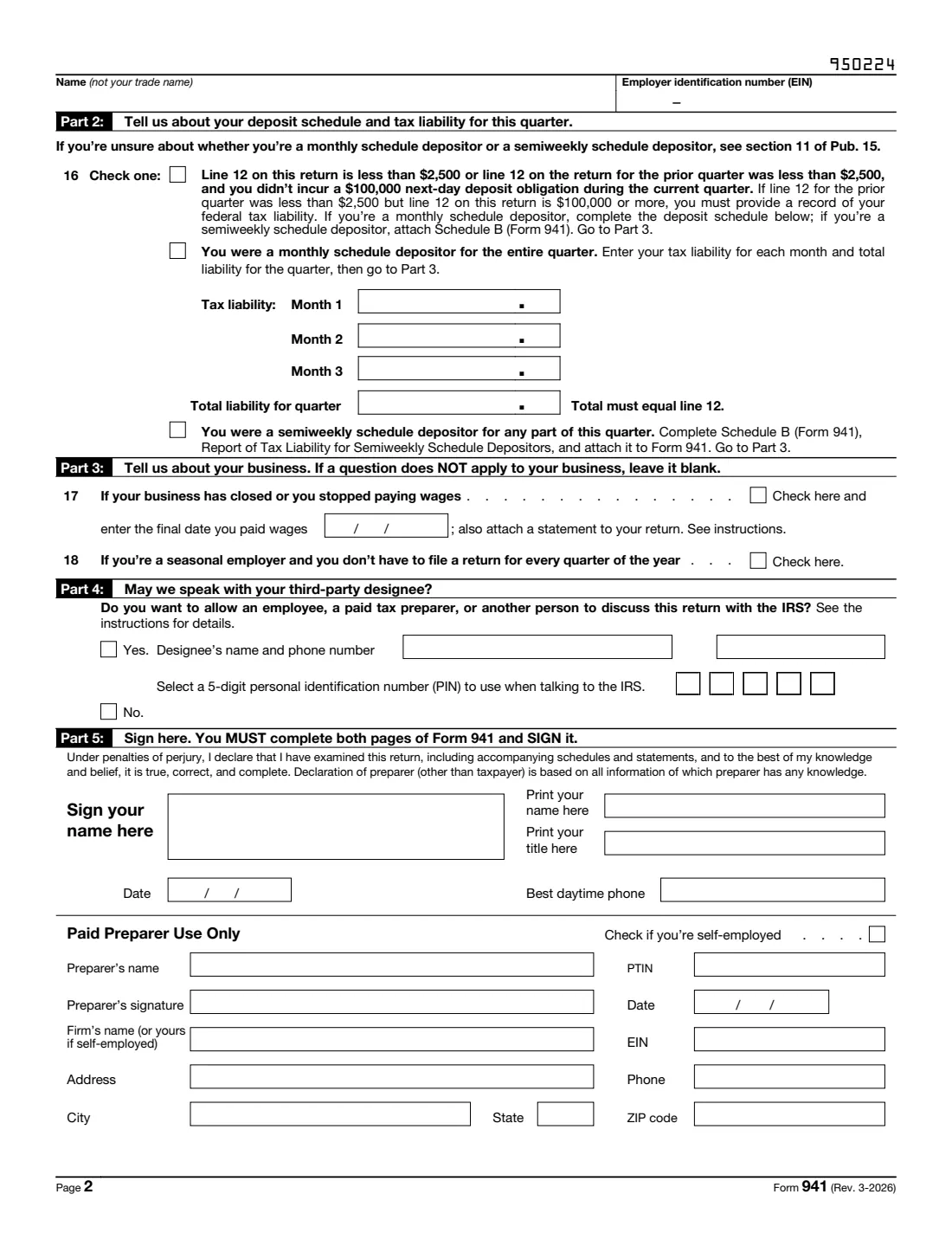Form 941 (2026) Employer's QUARTERLY Federal Tax Return — page 2 of 3