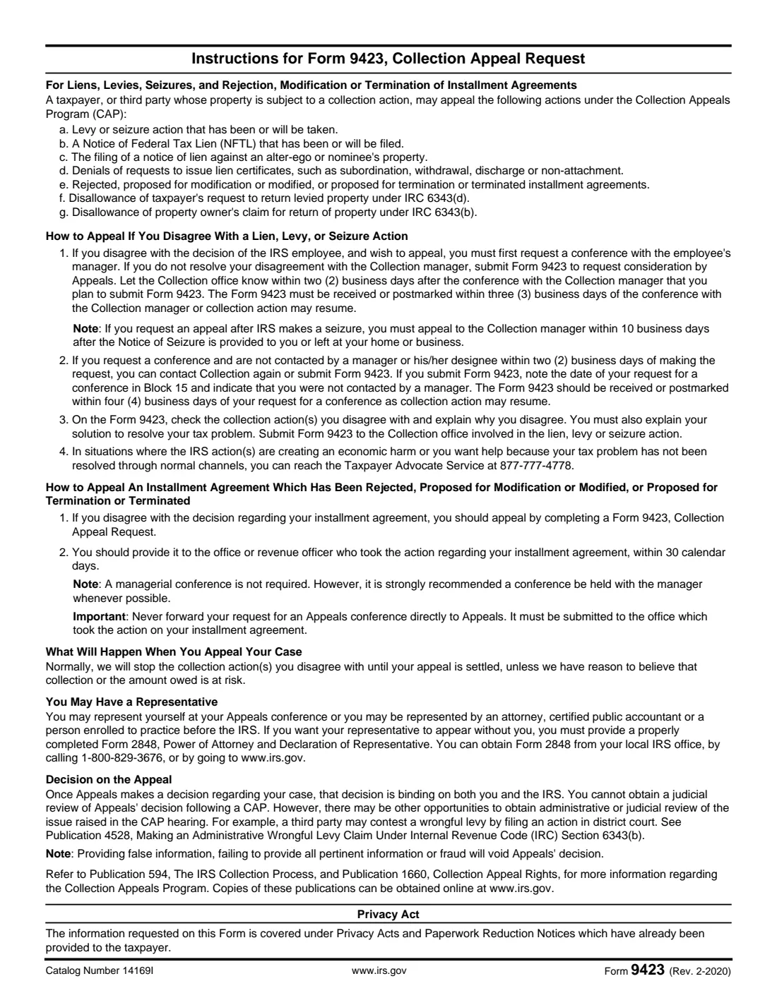 Form 9423 (2020) Collection Appeal Request — page 2 of 2