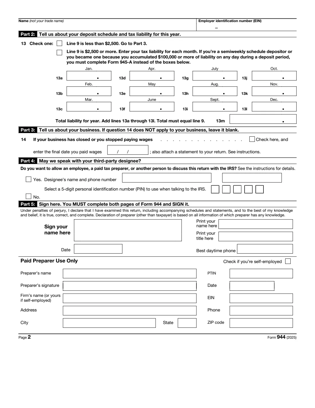 Form 944 (2025) Employer's ANNUAL Federal Tax Return — page 2 of 3