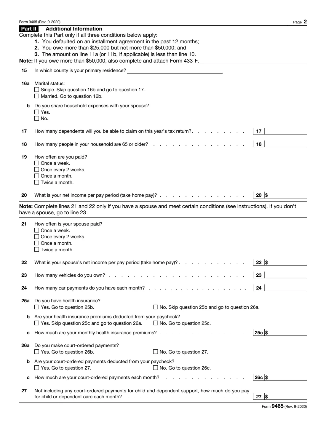 Form 9465 (2020) Installment Agreement Request — page 2 of 2