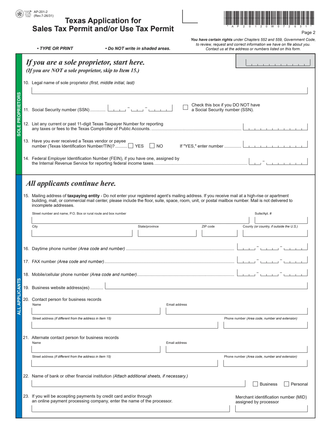 Form AP-201 (2026) Texas Application for Sales and Use Tax Permit — page 2 of 5