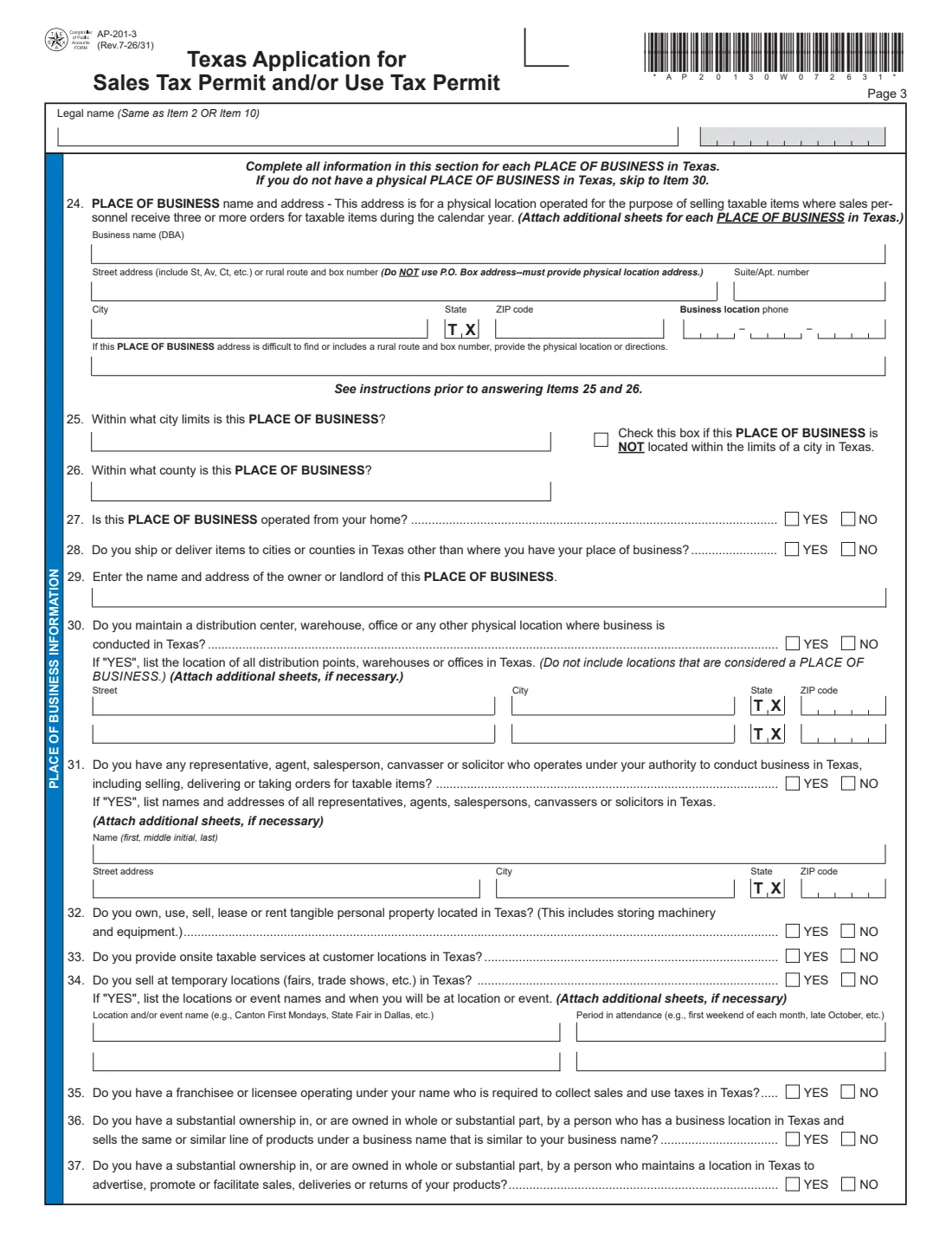 Form AP-201 (2026) Texas Application for Sales and Use Tax Permit — page 3 of 5