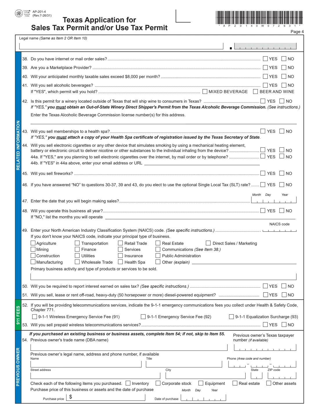 Form AP-201 (2026) Texas Application for Sales and Use Tax Permit — page 4 of 5