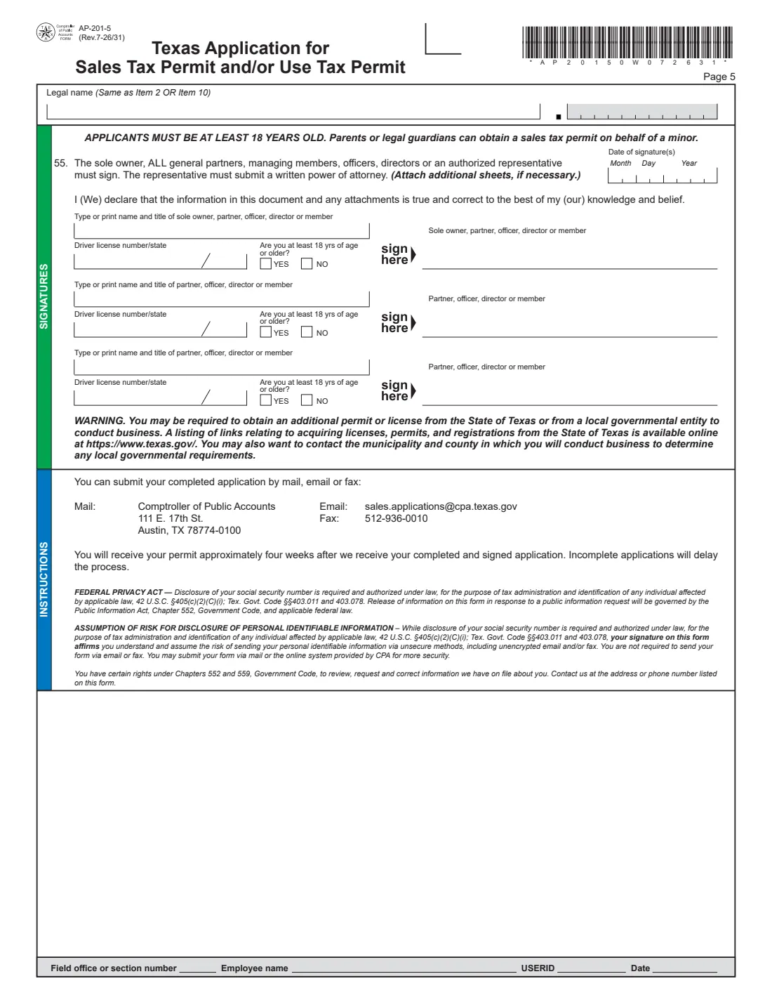 Form AP-201 (2026) Texas Application for Sales and Use Tax Permit — page 5 of 5