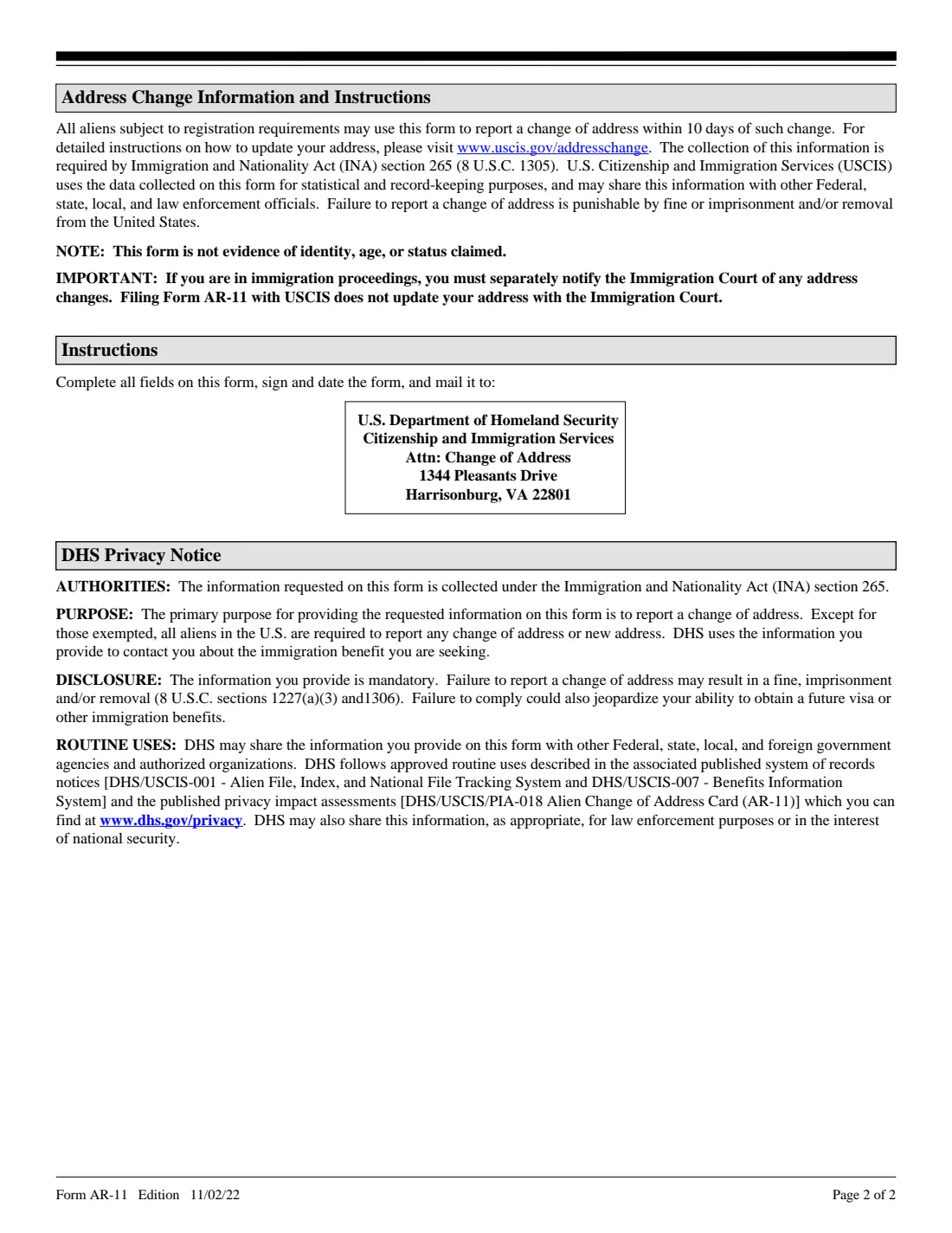Form AR-11 (2022) Alien's Change of Address Card — page 2 of 2