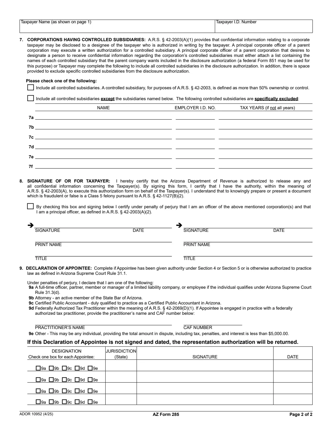 Arizona Form 285 (2025) General Disclosure/Representation Authorization Form — page 2 of 2