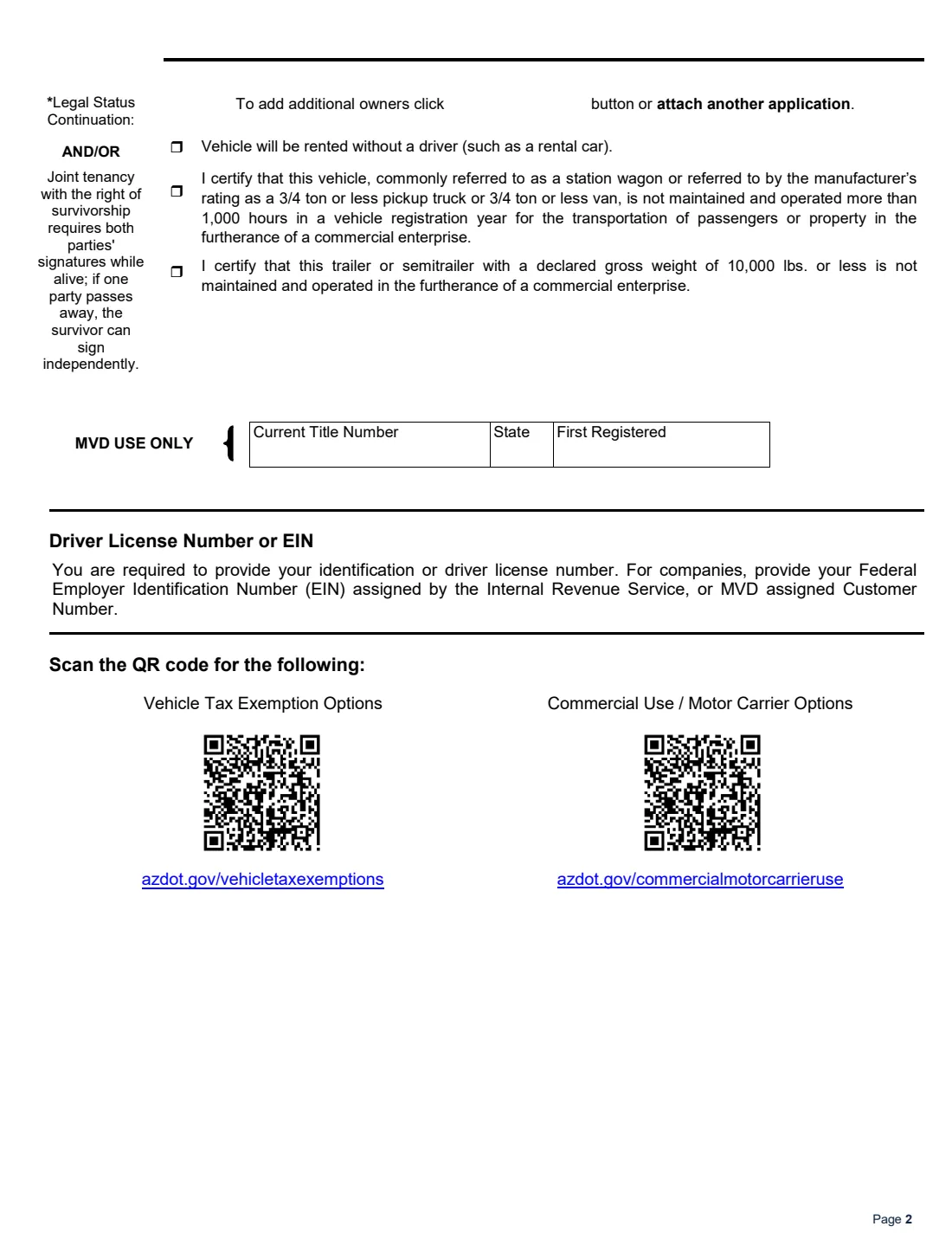 Form 96-0236 (2026) Title and Registration Application (Arizona) — page 2 of 2