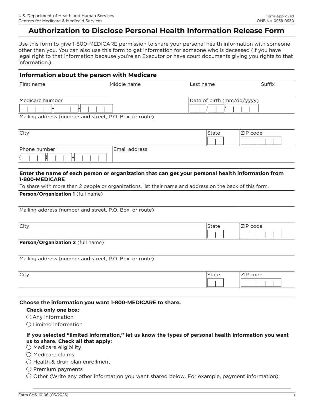 Form CMS-10106 (2026) Authorization to Disclose Personal Health Information (1-800-MEDICARE) — page 2 of 3