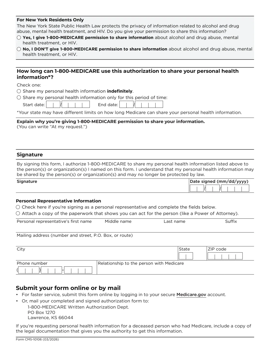 Form CMS-10106 (2026) Authorization to Disclose Personal Health Information (1-800-MEDICARE) — page 3 of 3
