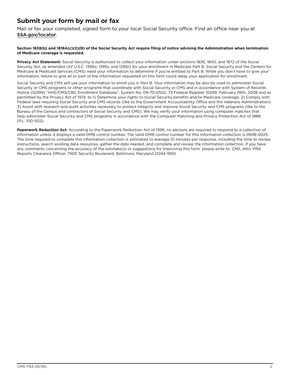 Form CMS-1763 (2026) Request for Termination of Medicare Premium Part A, Part B, or Part B Immunosuppressive Drug Coverage (Part B-ID) — page 2 of 2