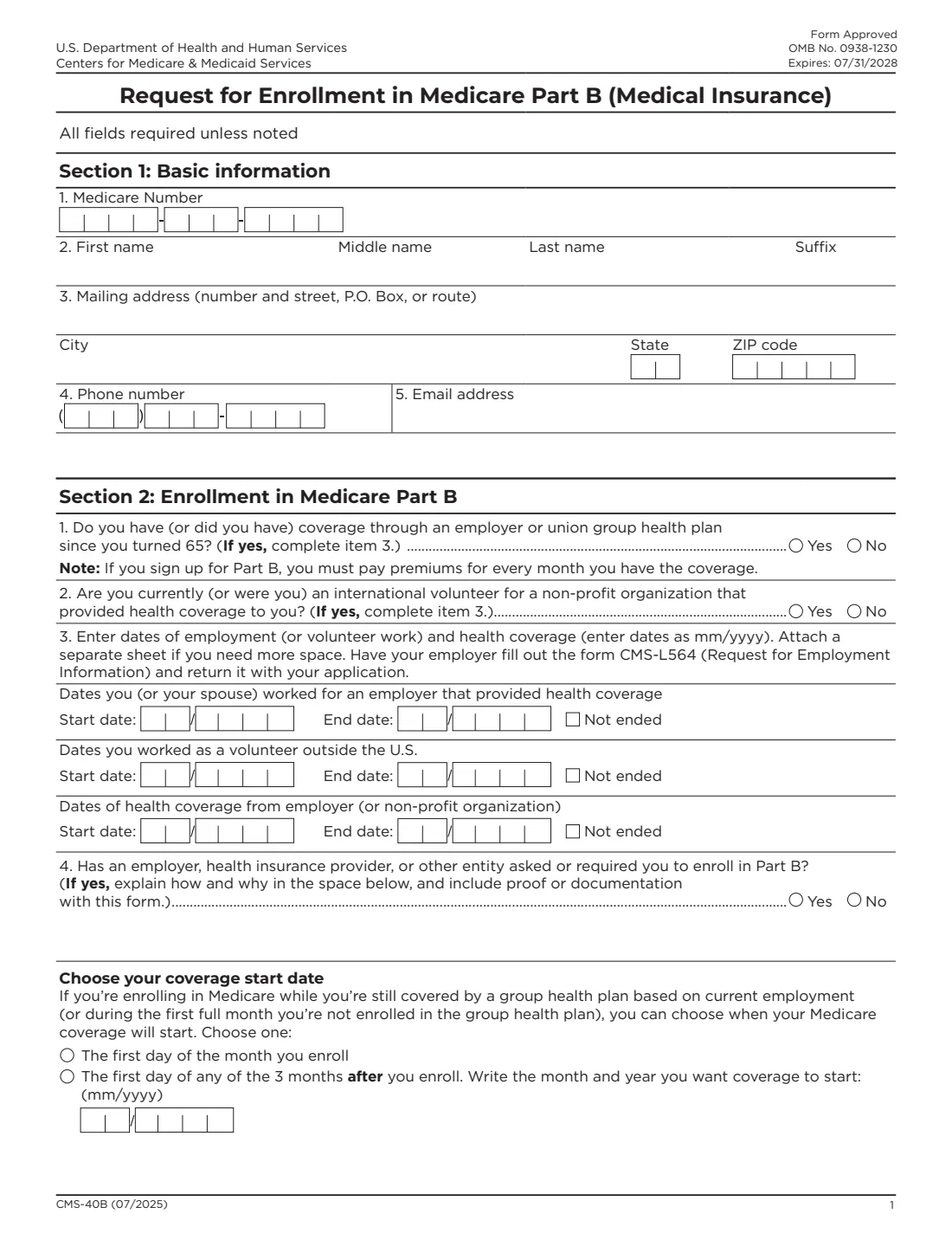 Form CMS-40B (2025) Application for Enrollment in Medicare Part B (Medical Insurance) — page 2 of 3
