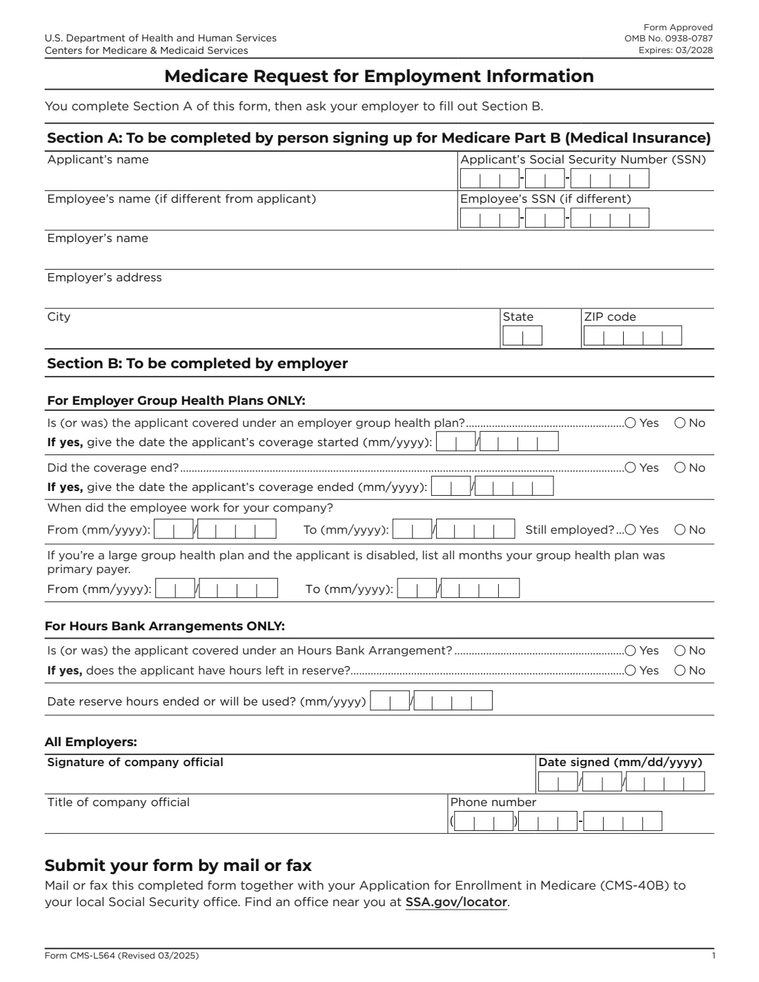 Form CMS-L564 (2025) Request for Employment Information (Medicare Part B Special Enrollment) — page 2 of 2