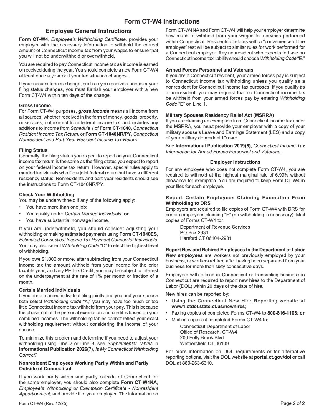 Form CT-W4 (2025) Employee's Withholding Certificate (Connecticut) — page 2 of 2