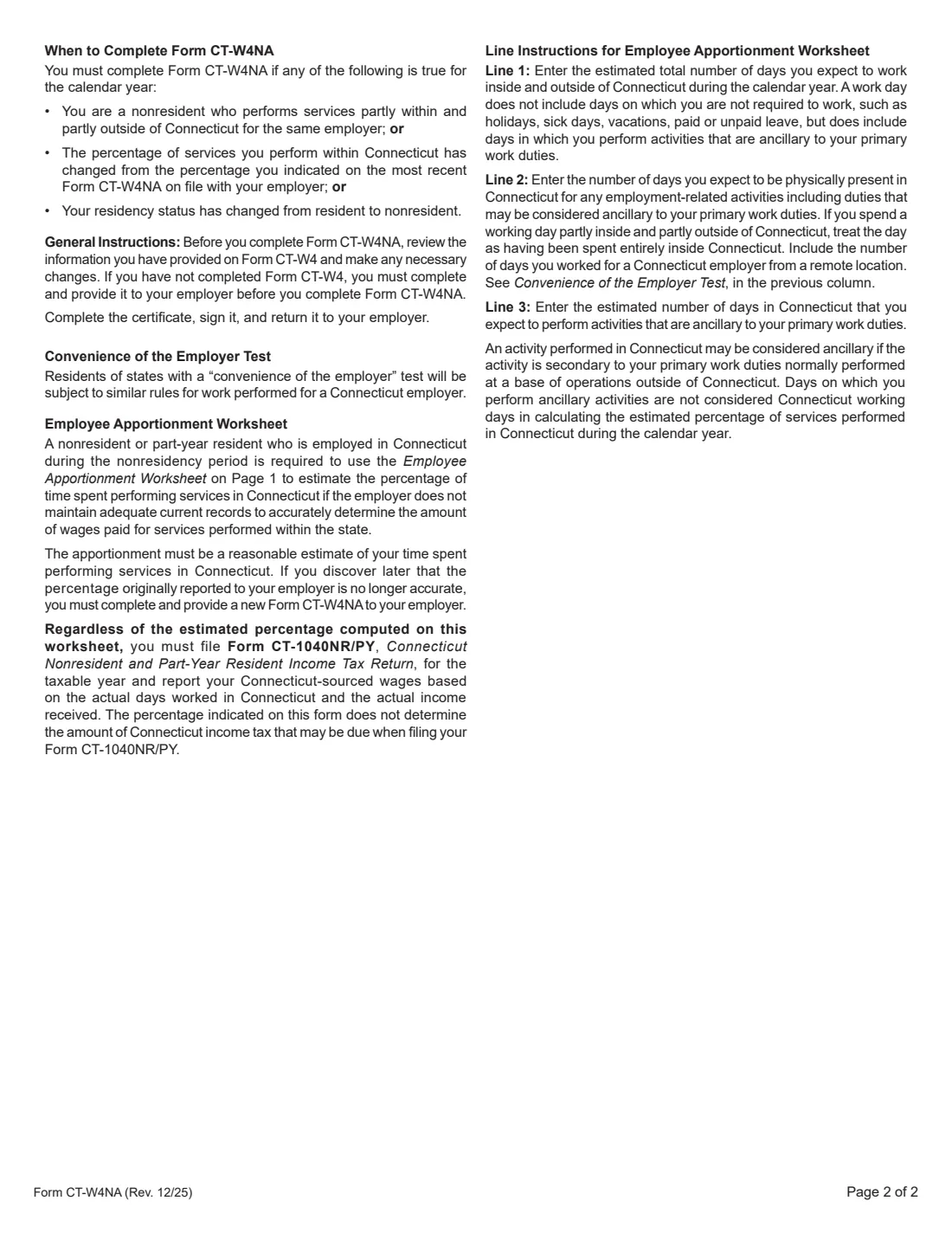 Form CT-W4NA (2025) Employee's Withholding Certificate - Nonresident Apportionment (Connecticut) — page 2 of 2