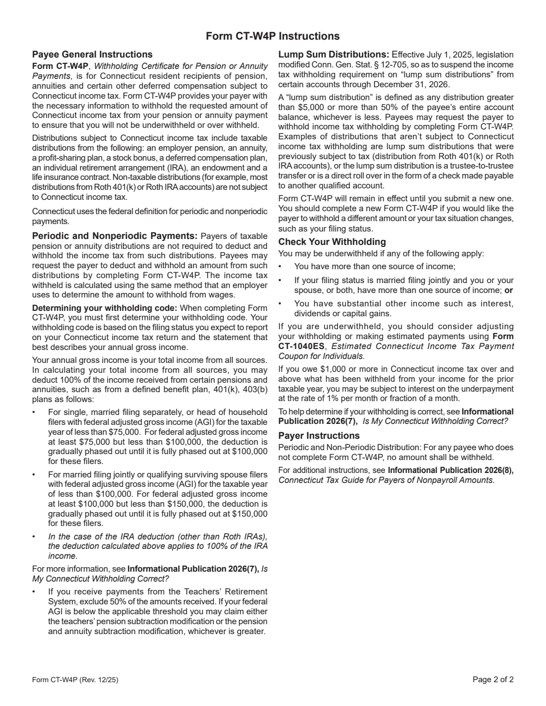 Form CT-W4P (2025) Withholding Certificate for Pension or Annuity Payments (Connecticut) — page 2 of 2