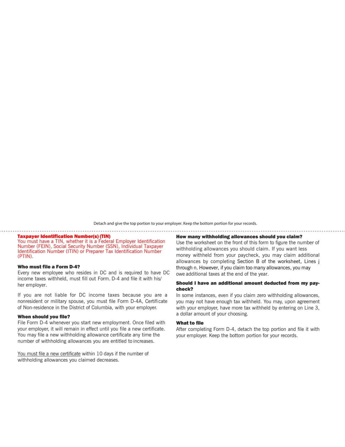 Form D-4 (2018) DC Withholding Allowance Certificate (District of Columbia) — page 2 of 2