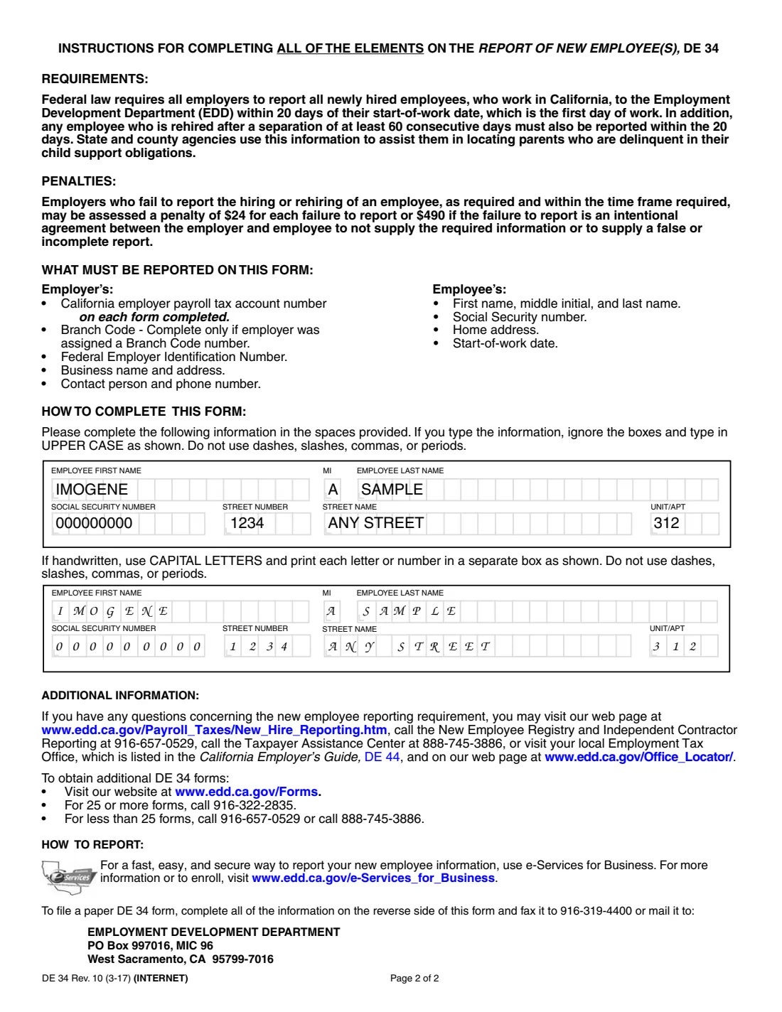 Form DE 34 (2017) Report of New Employee(s) — page 2 of 2