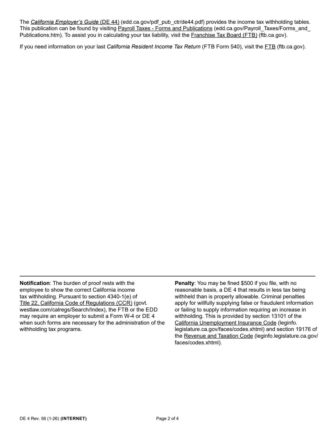 Form DE 4 (2026) Employee's Withholding Allowance Certificate — page 2 of 4