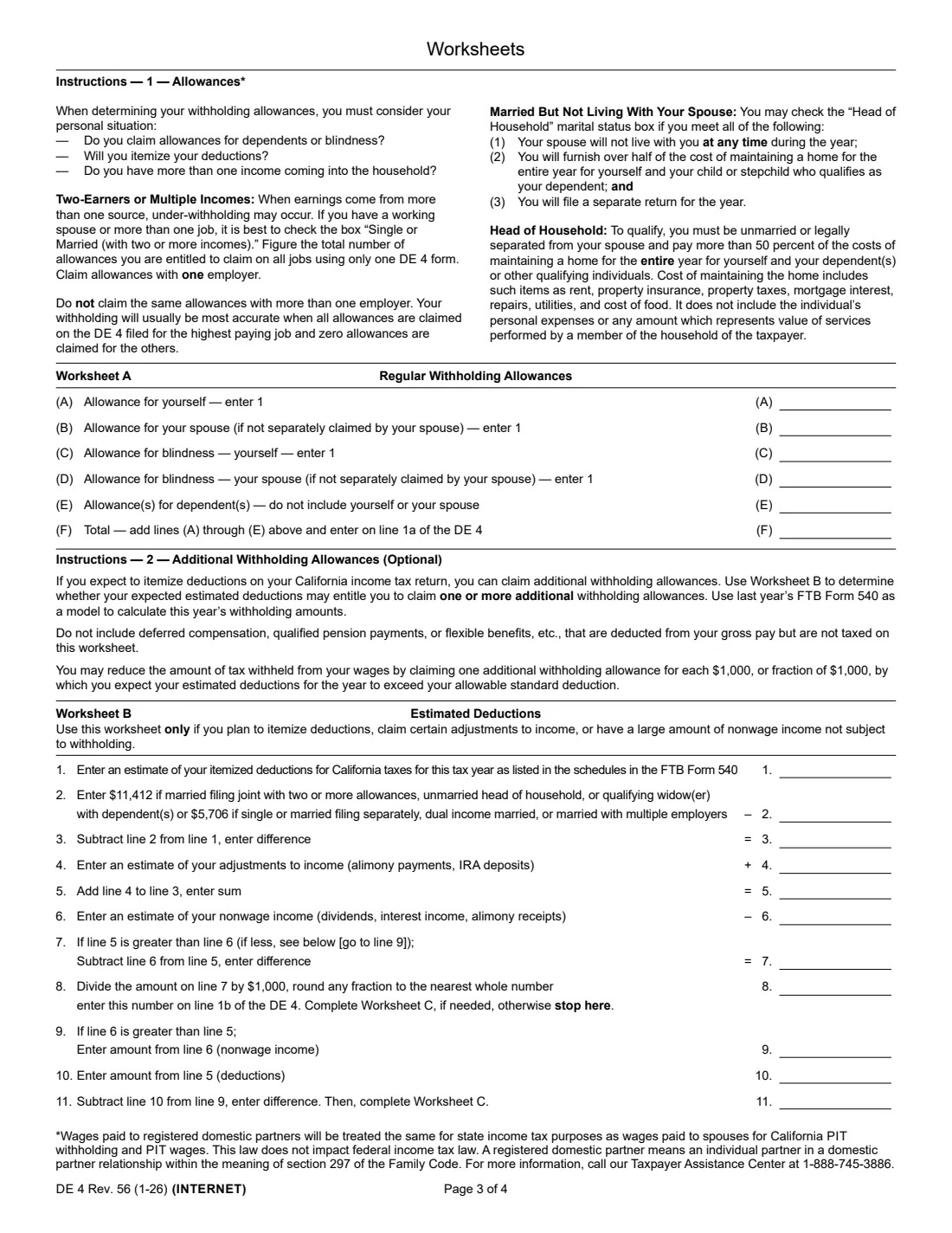 Form DE 4 (2026) Employee's Withholding Allowance Certificate — page 3 of 4