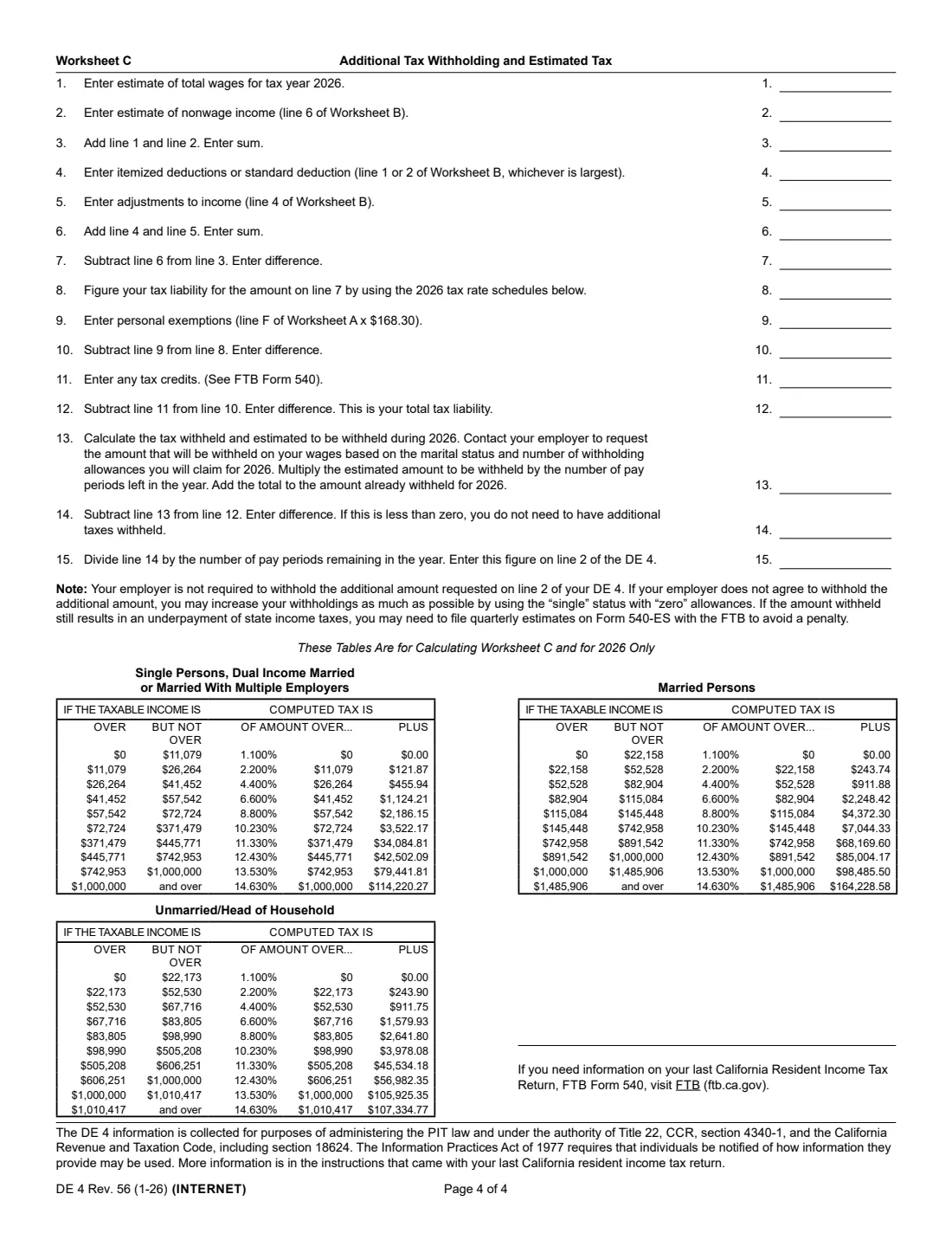 Form DE 4 (2026) Employee's Withholding Allowance Certificate — page 4 of 4