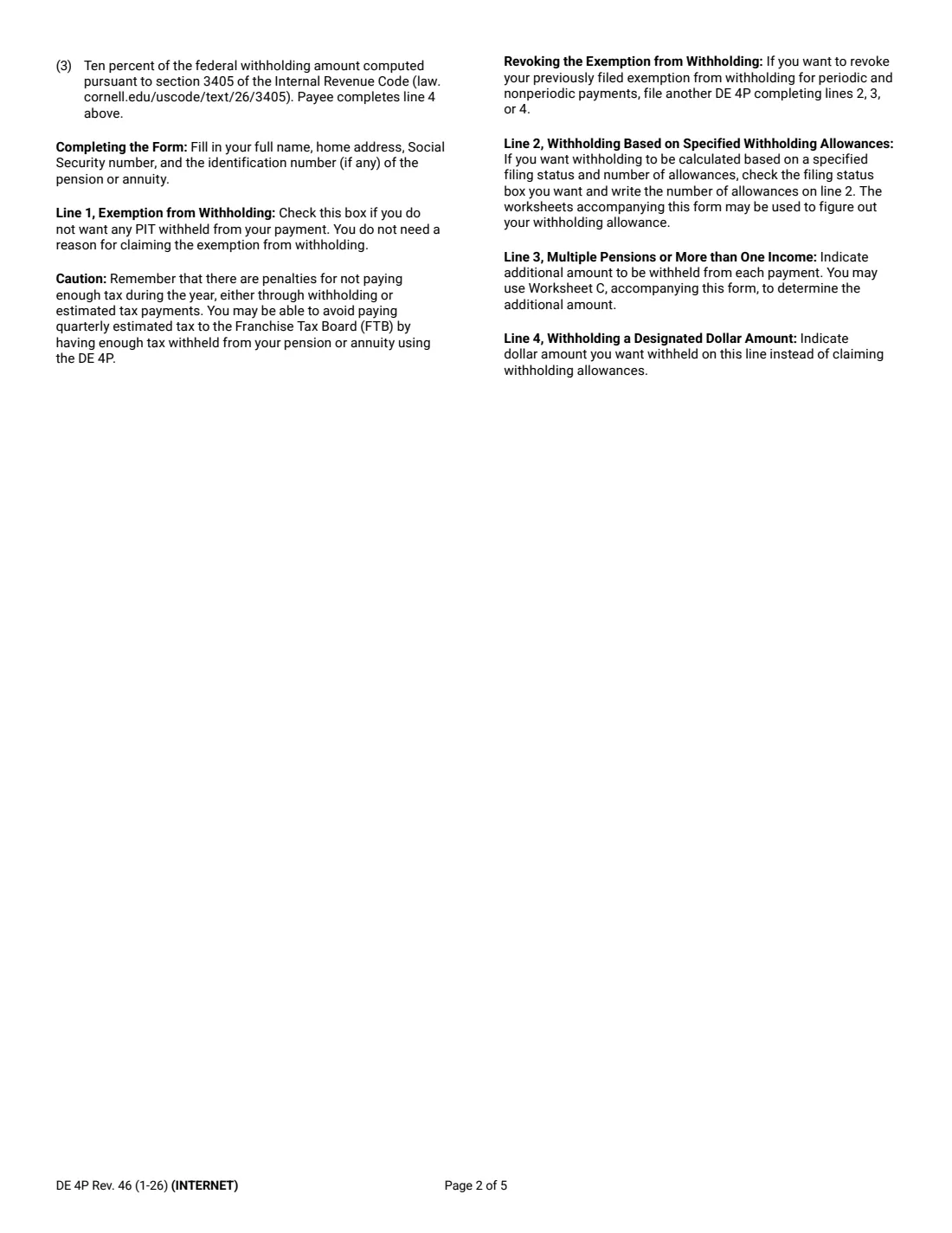 Form DE 4P (2026) Withholding Certificate for Pension or Annuity Payments — page 2 of 5
